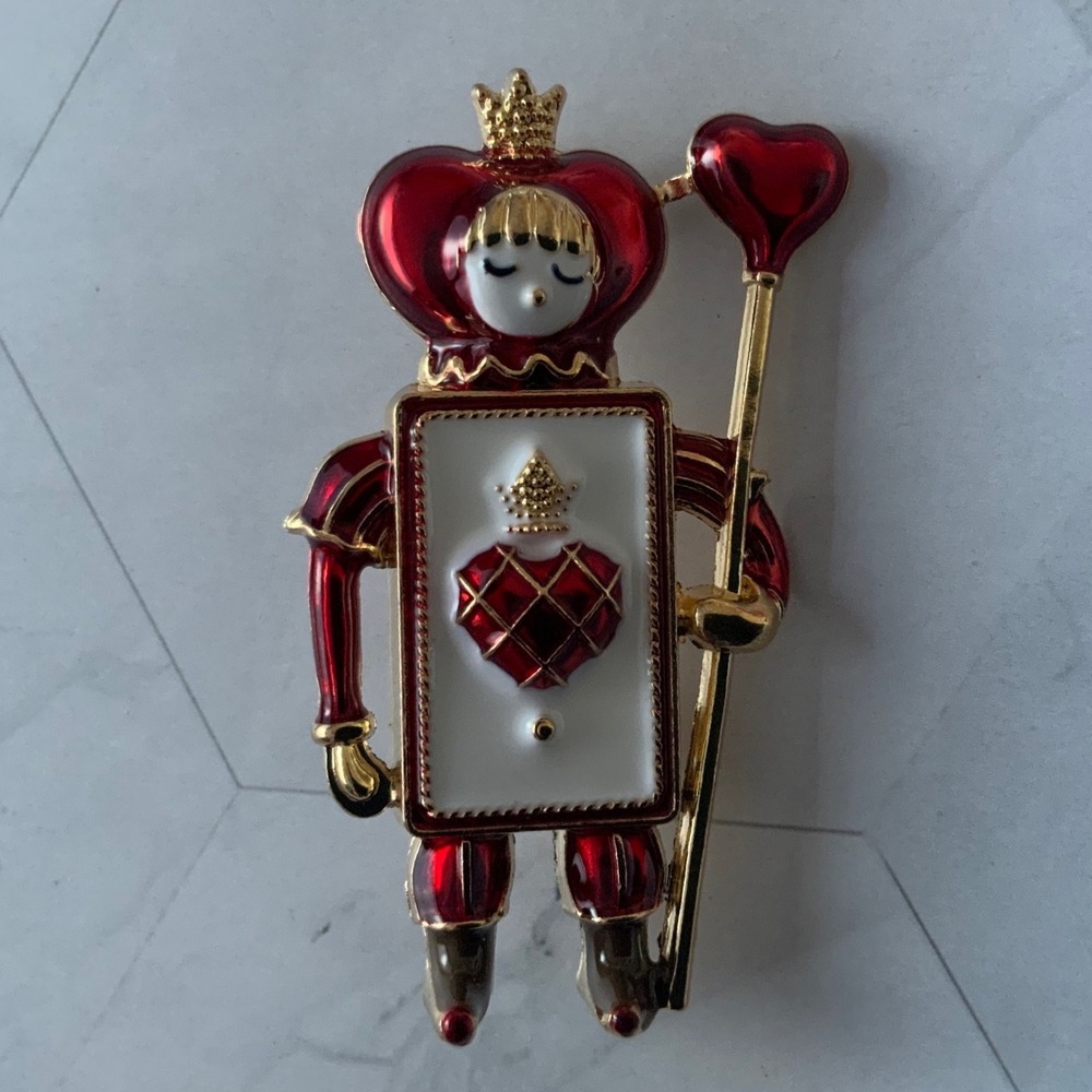 Queen of Hearts Playing Card Soldier Brooch Red Enamel Gold Tone Pin Whimsical